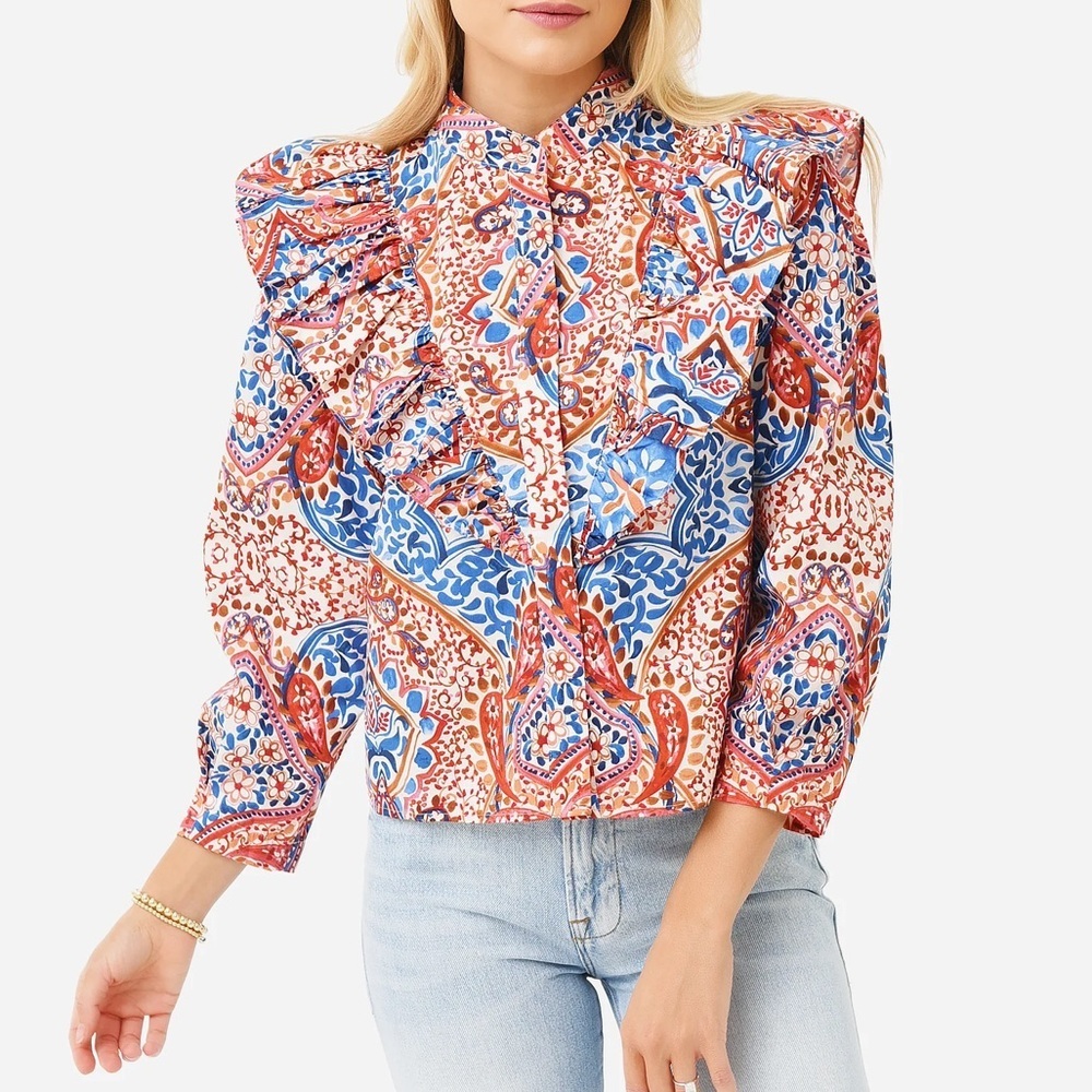 NWT XiRENA Callie Top blouse Terra Mosaic long sleeve block print ruffle puff